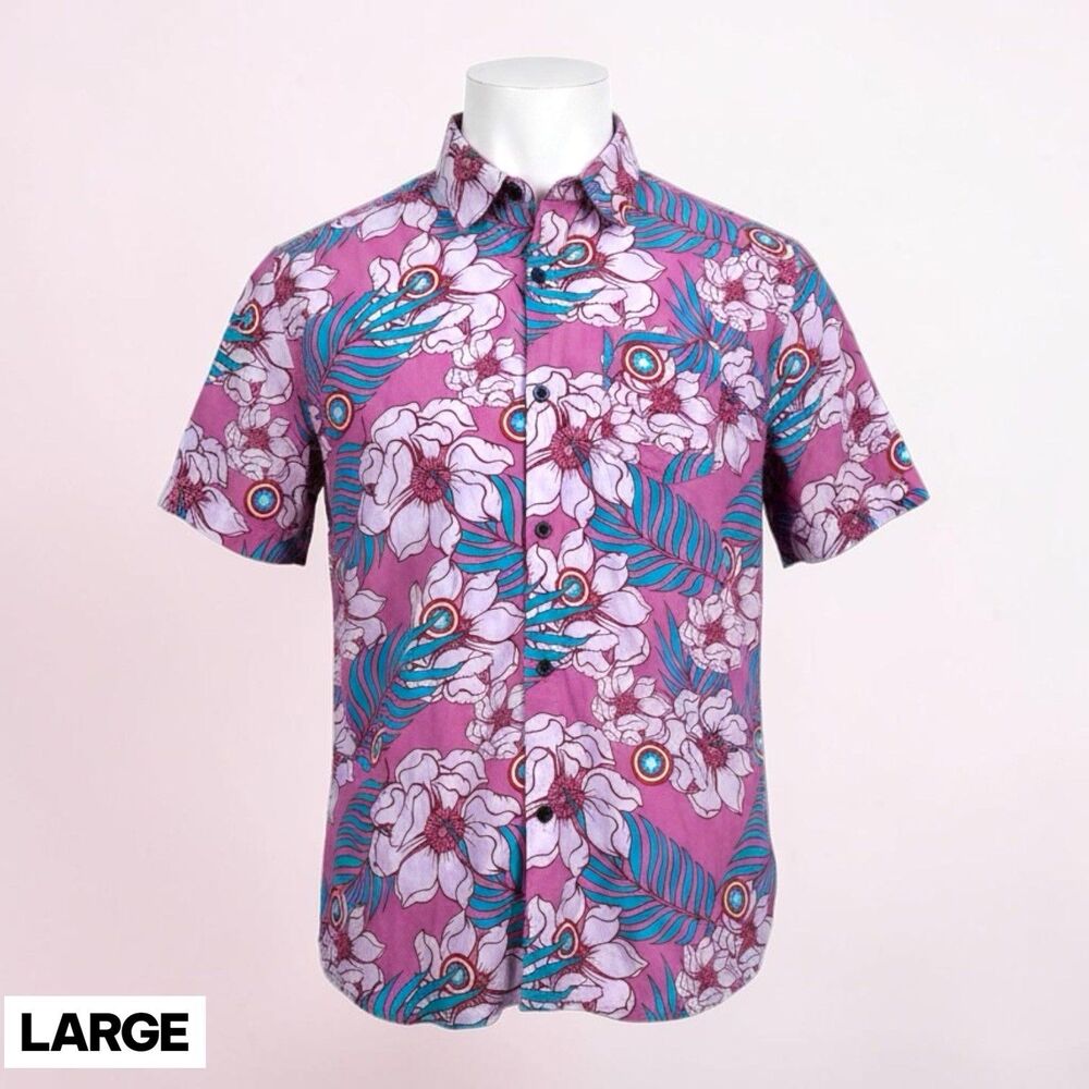 Marvel Captain America Hawaiian Shirt Mens LG Pink Floral Short Sleeve Button Up